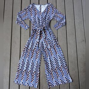 By Anthropologie Blue Chevron Breezy Jumpsuit Size XS Zig Zag Print, Jersey Knit